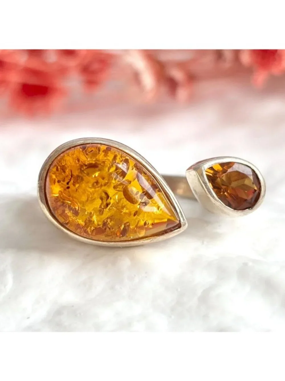 Modernist Baltic Amber Citrine Open Shank Sterling Silver 925 Vintage Ring sz 8